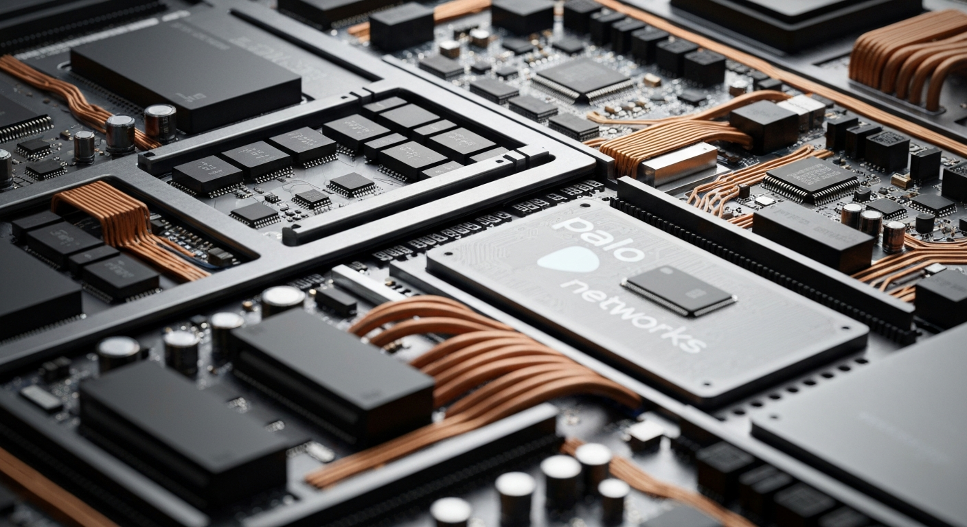 An extreme close-up of a complex network of circuit boards, wires, and computer components in muted tones of steel gray, copper, and black, representing the intricate cybersecurity infrastructure that powers Palo Alto Networks' products and services.