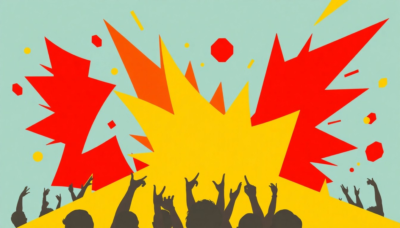 A dynamic, abstract illustration featuring bold, geometric shapes in warm, vibrant colors, representing the energy and festive spirit of a Latin music festival.