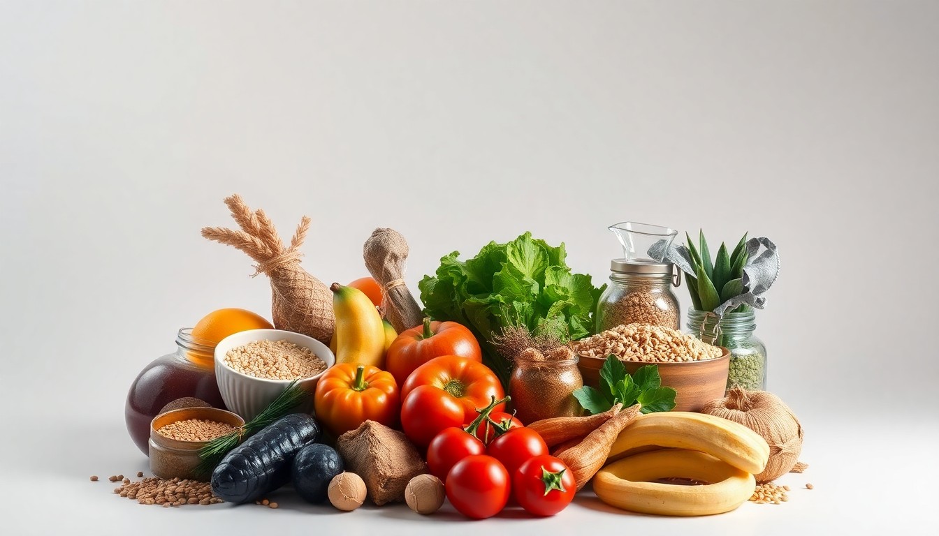 A high-end, photorealistic studio still-life photograph featuring a display of fresh produce, whole grains, and other healthy food items arranged elegantly on a clean, monochromatic background, conceptually representing the premium quality and visual appeal of the items that will be available at the new Peoria Market 309 grocery store.