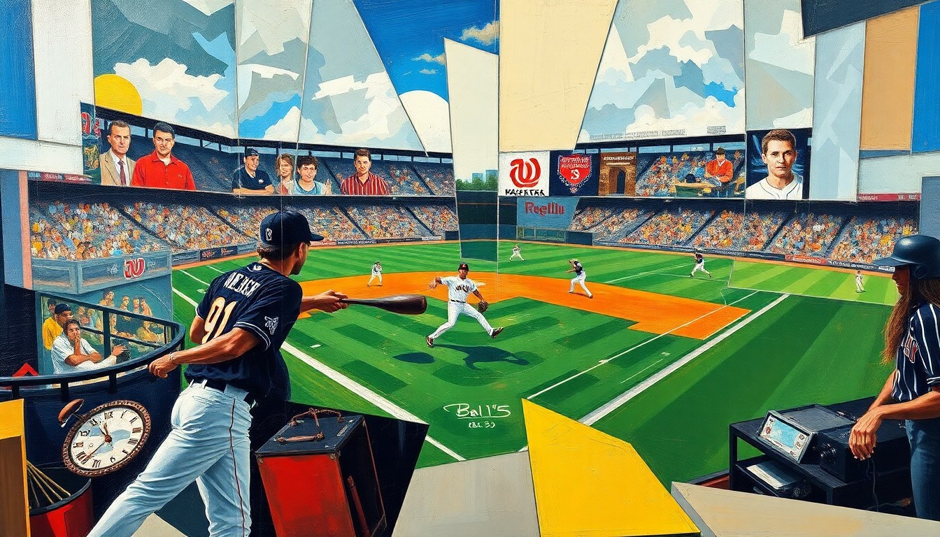 A fractured, cubist-style painting depicting the dynamic motion and energy of a baseball game, with players and the field broken down into overlapping geometric shapes and planes of color.