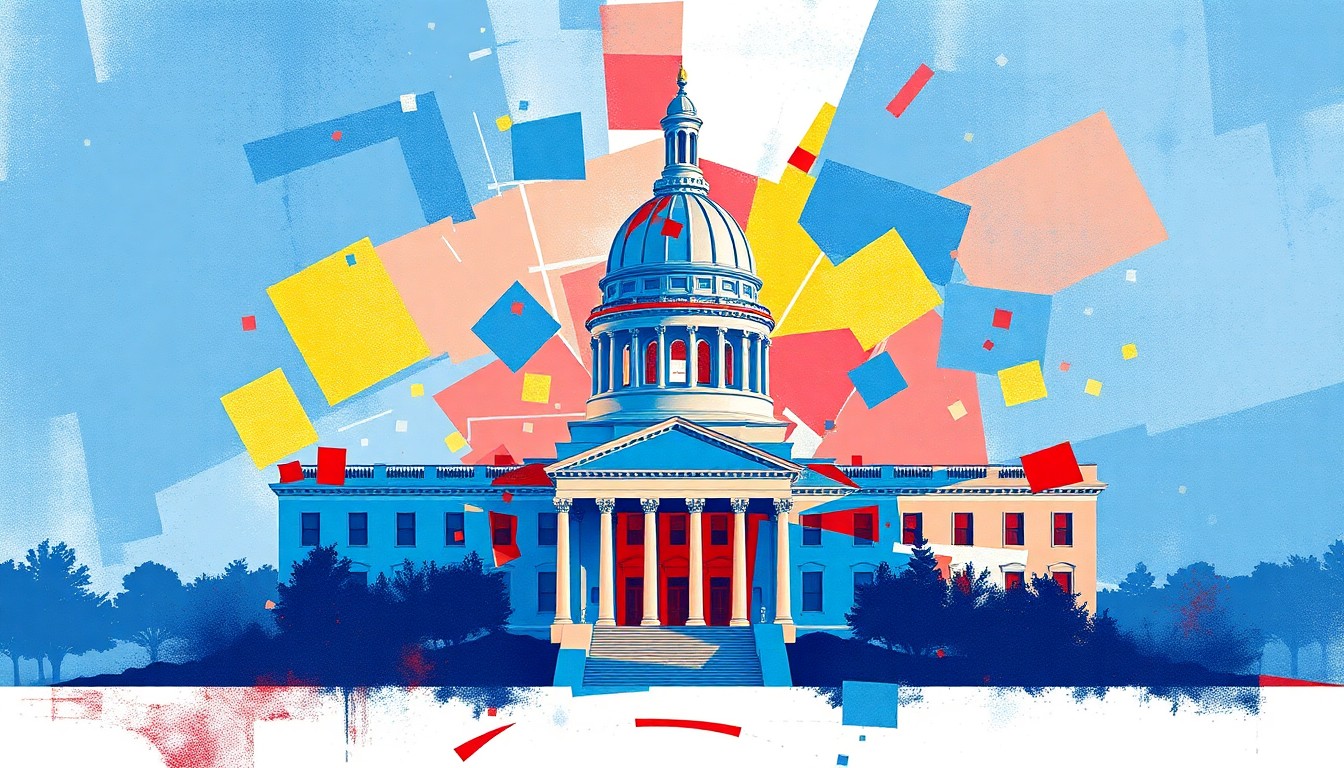 A vibrant, abstract painting featuring overlapping, fractured geometric shapes in shades of blue, red, and gold, representing the chaotic and uncertain nature of the 2026 California governor's race.