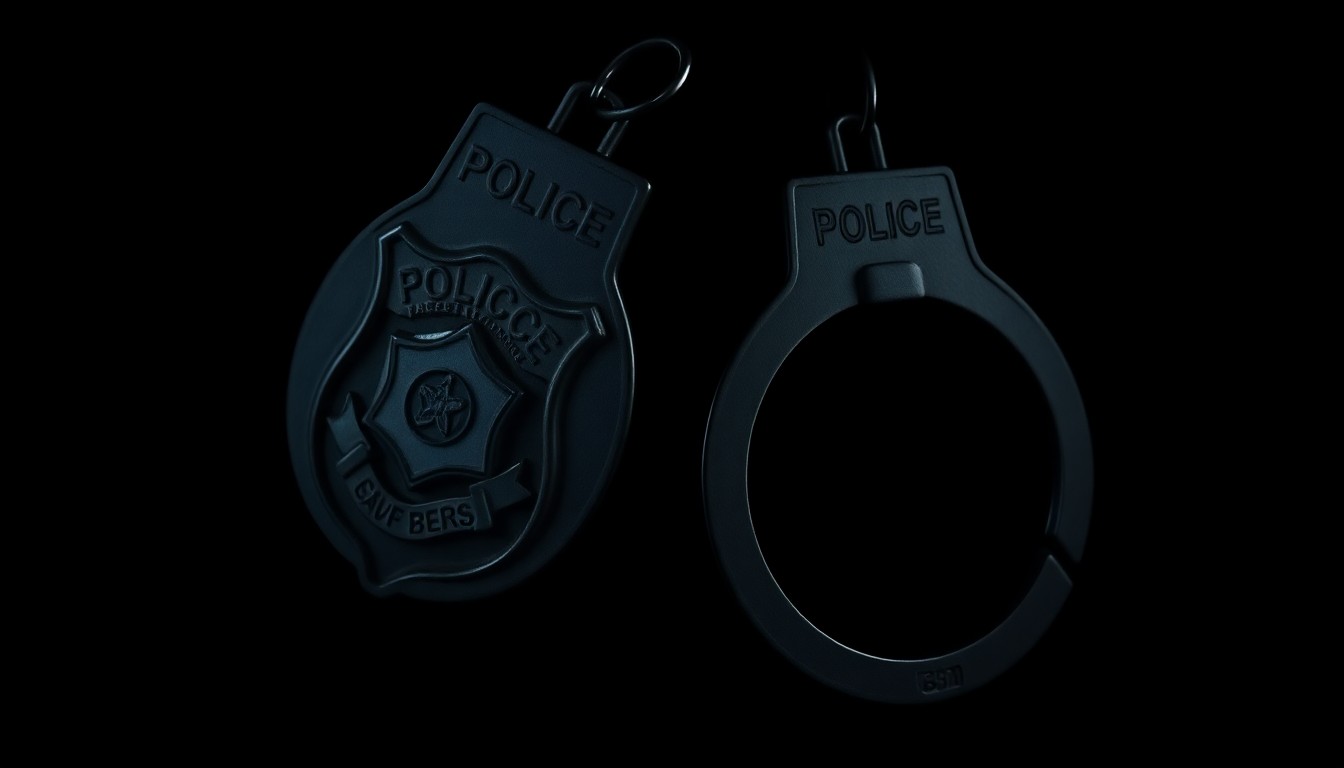 An extreme close-up photograph of a pair of handcuffs against a pitch-black background, conceptually illustrating the arrest of a political candidate.