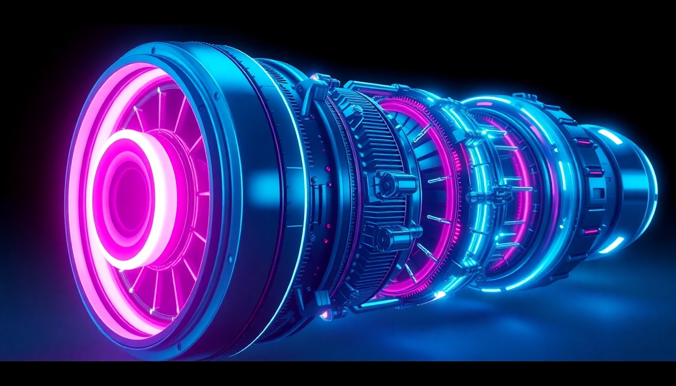 A highly detailed, glowing 3D illustration of a futuristic SpaceX rocket engine component, with neon cyan and magenta lights illuminating the intricate mechanical details, conceptually representing the advanced technology and innovation behind the company's space exploration efforts.