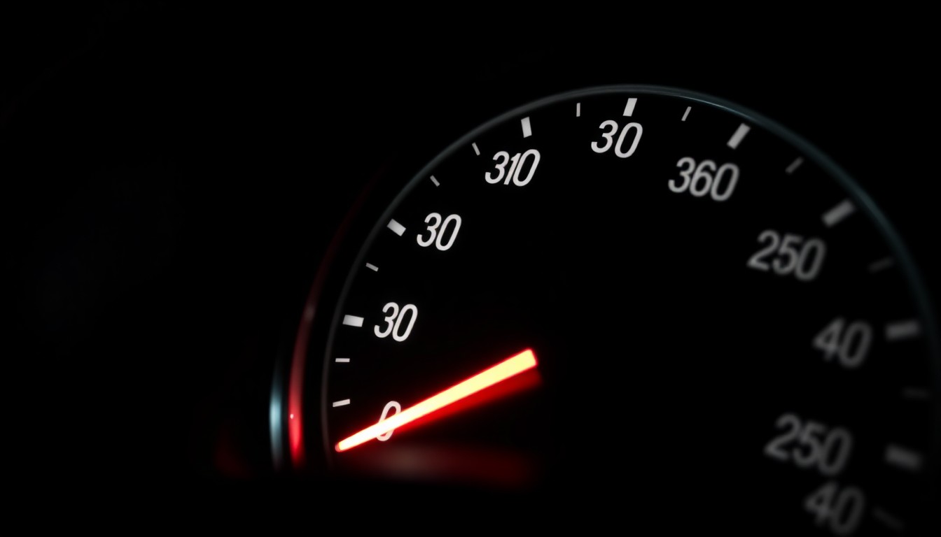 An extreme close-up photograph of a car speedometer needle pointing to a high speed, lit by a harsh, direct camera flash against a pitch-black background, conceptually illustrating the crackdown on speeding violations.
