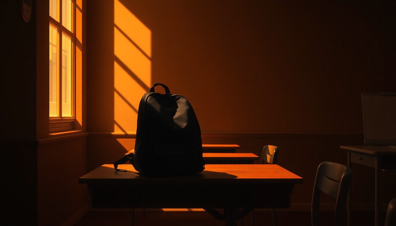 A serene, nostalgic painting of a student's backpack on a wooden desk, with warm sunlight and deep shadows, conveying a sense of quiet contemplation about the importance of education access for all.