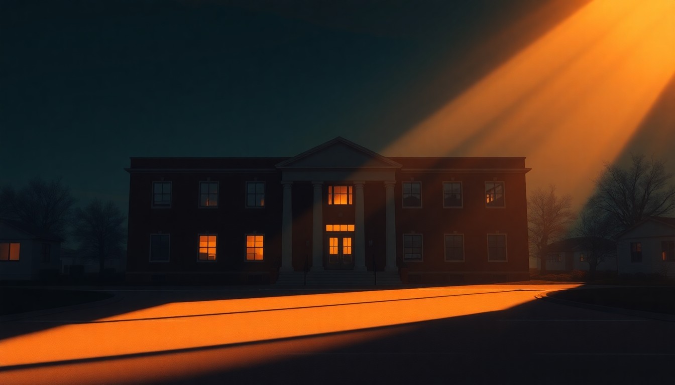 A serene, cinematic painting of an empty county government building or town hall, with warm sunlight streaming through the windows and deep shadows cast across the facade, capturing the solemn nature of local politics.