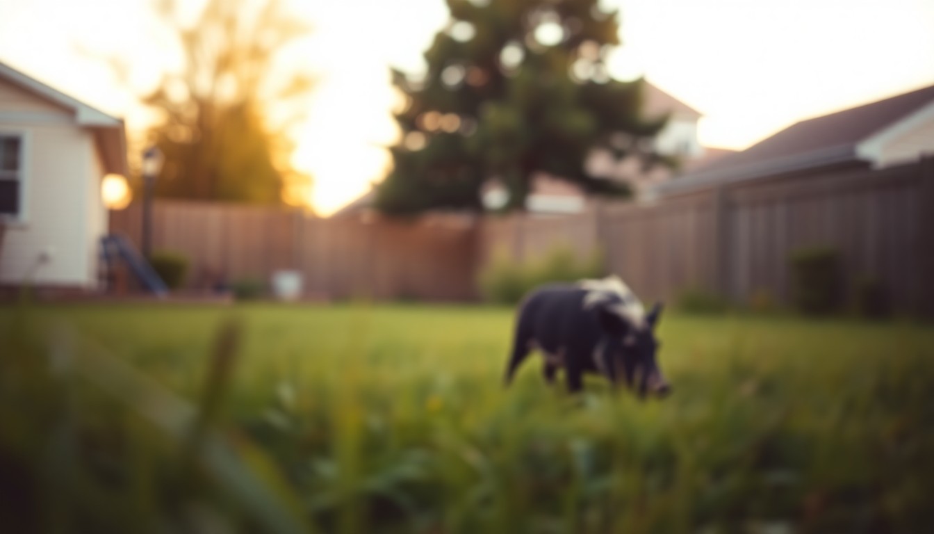 An extremely abstracted, out-of-focus photograph of a suburban backyard, with a faint glimpse of a feral hog roaming through the grass, captured in soft pools of warm color and light, conceptually illustrating the disruption caused by the presence of wild animals in residential areas.