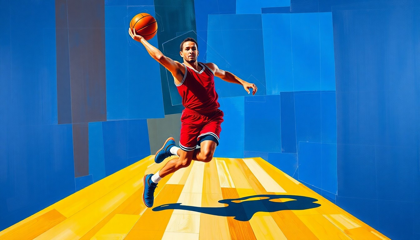A cubist, geometric painting depicting a basketball player in motion, with sharp, overlapping planes of color representing the dynamic movement and energy of the sport.