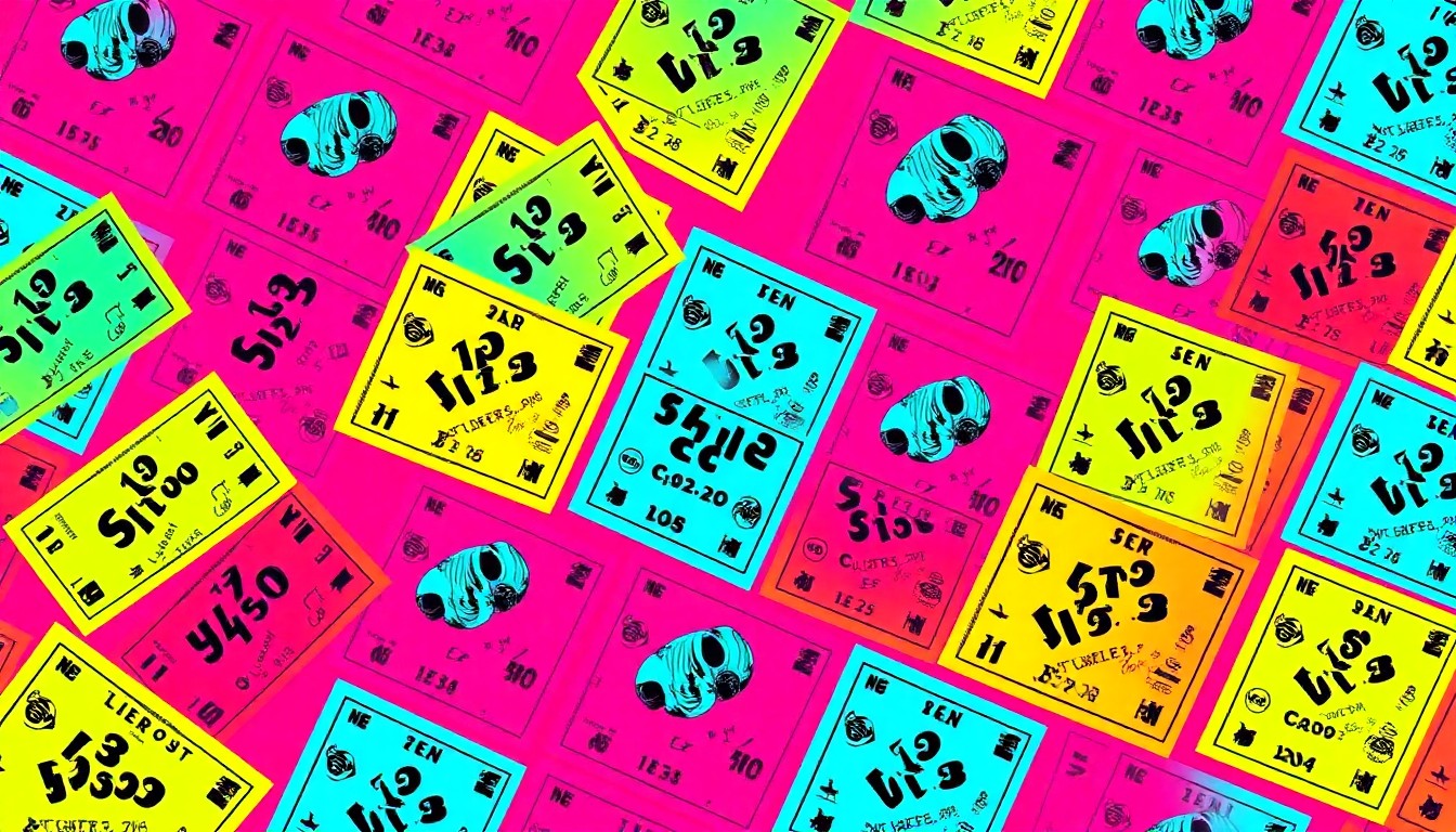 A vibrant, high-contrast silkscreen print featuring a repeated pattern of a single, iconic lottery ticket in a grid of neon colors and heavy black outlines, conceptually representing the excitement and potential of the New Jersey Lottery.