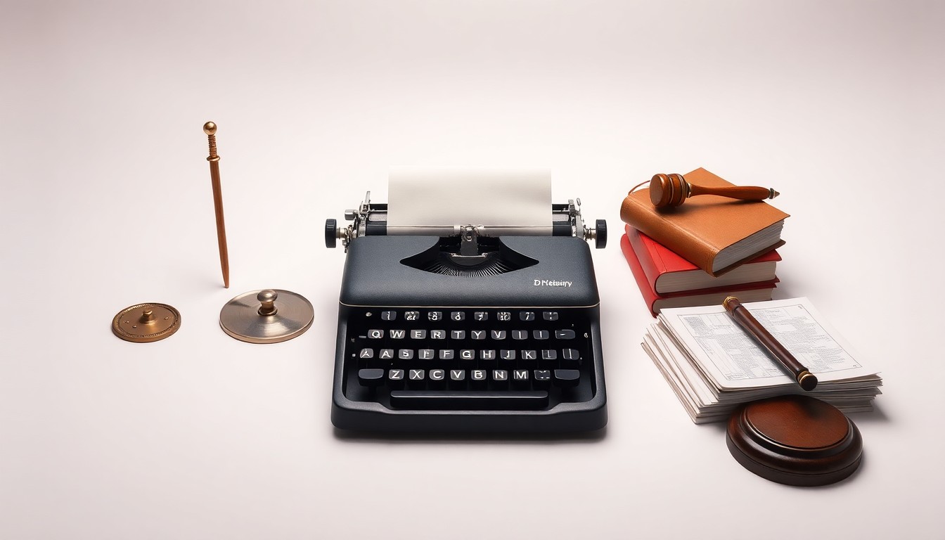 A high-end, photorealistic studio still-life photograph featuring a collection of premium, polished objects arranged elegantly on a clean, monochromatic background. The objects, including a vintage typewriter, a wooden gavel, and a stack of ledger books, conceptually represent the abstract themes of Bend's commercial history.
