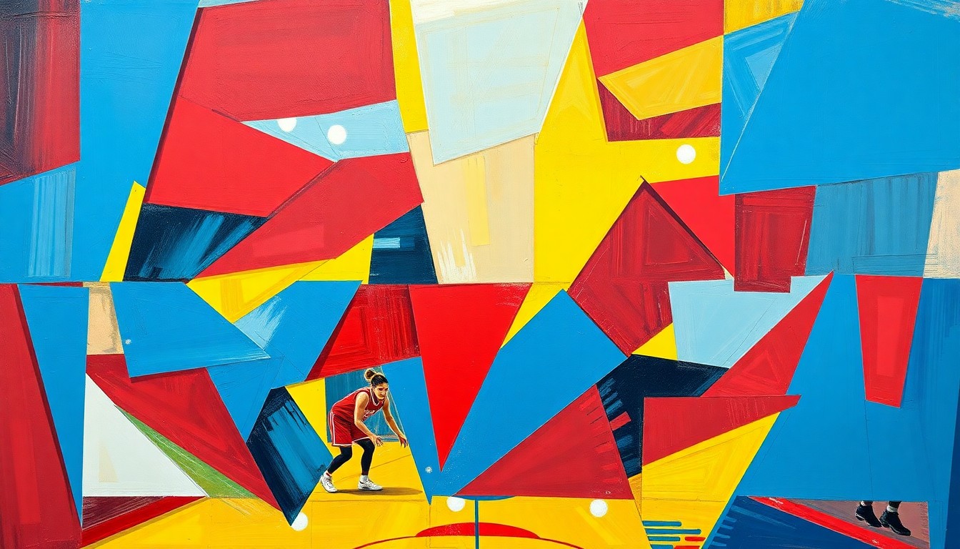 A cubist, geometric painting depicting a high school sports competition, with overlapping planes of red, blue, and yellow shapes representing the dynamic movements and energy of the game.