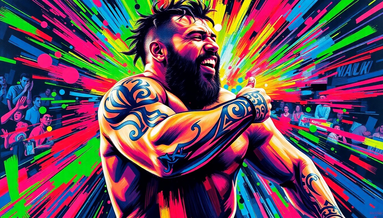 An explosive expressionist painting in neon colors capturing the raw energy and power of a professional wrestling match, with the central focus being Jacob Fatu's new tribal tattoo on his left arm surrounded by a chaotic swirl of brushstrokes.