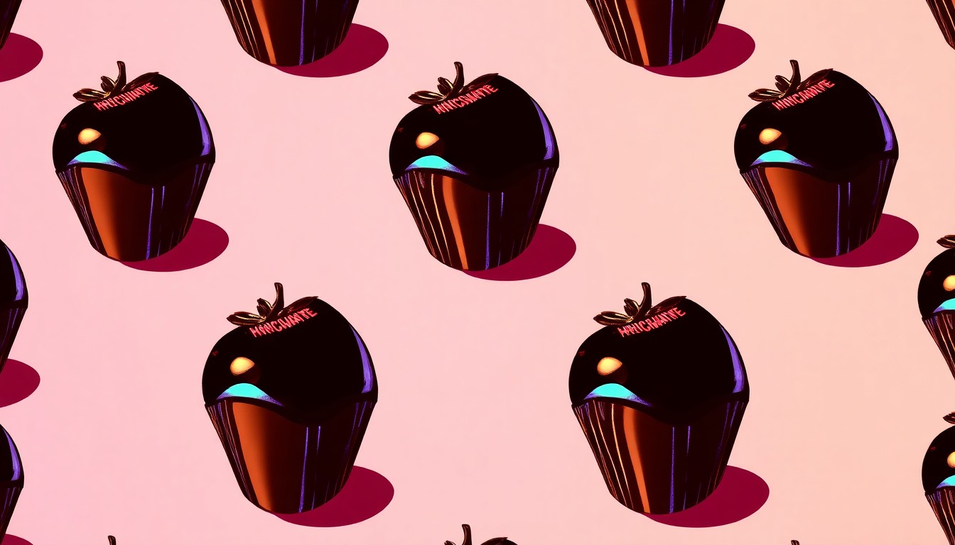 A brightly colored, high-contrast silkscreen print of a single, iconic chocolate dessert item repeated in a tight grid pattern, capturing the playful and indulgent spirit of the Death by Chocolate event.