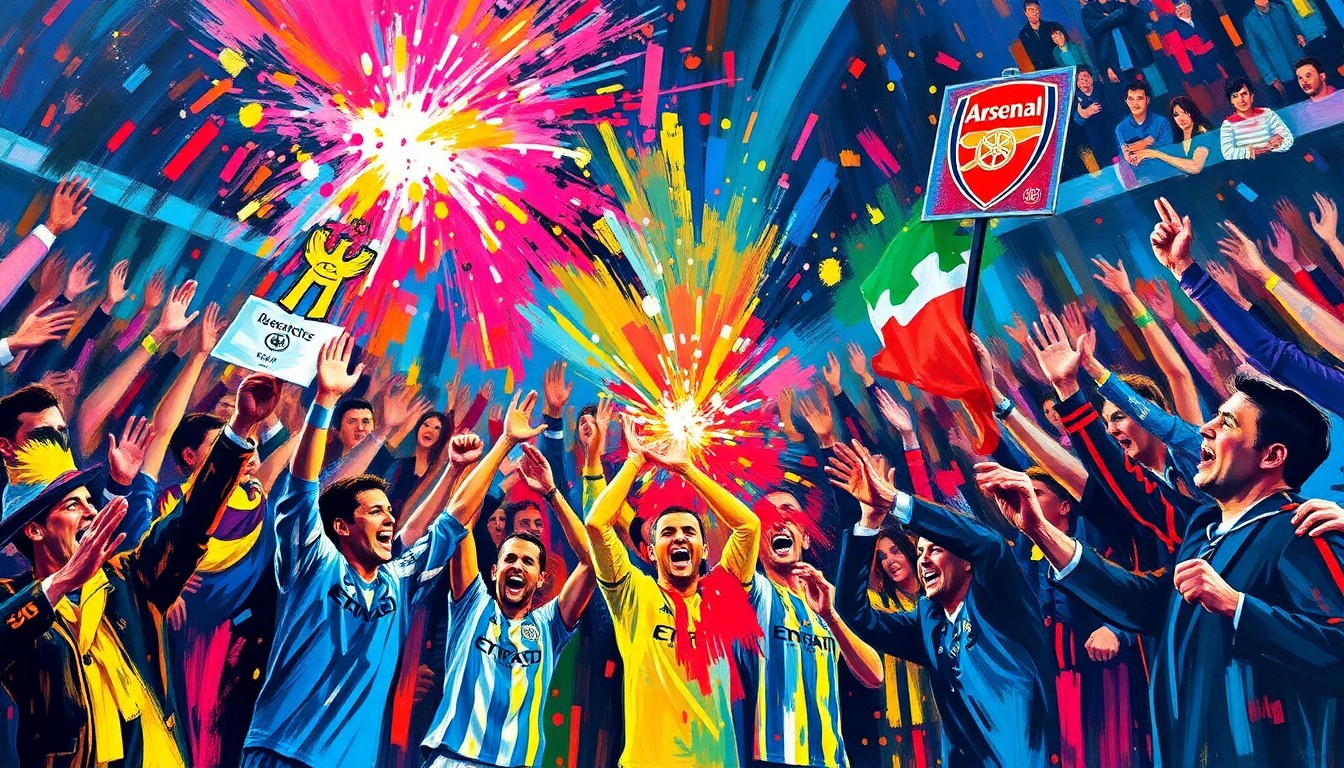 An abstract, energetic painting using bold brushstrokes and vibrant neon colors to depict the raw emotion and excitement of Premier League fans celebrating a crucial match.