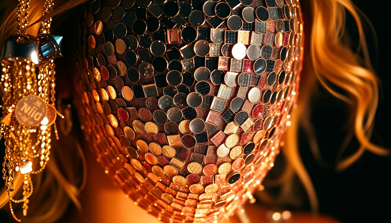 An extreme close-up photograph of shimmering sequins and glittering disco ball fragments in dramatic high-contrast studio lighting, conceptually representing the glamour and high-fashion elements of a celebrity's festival disguise.
