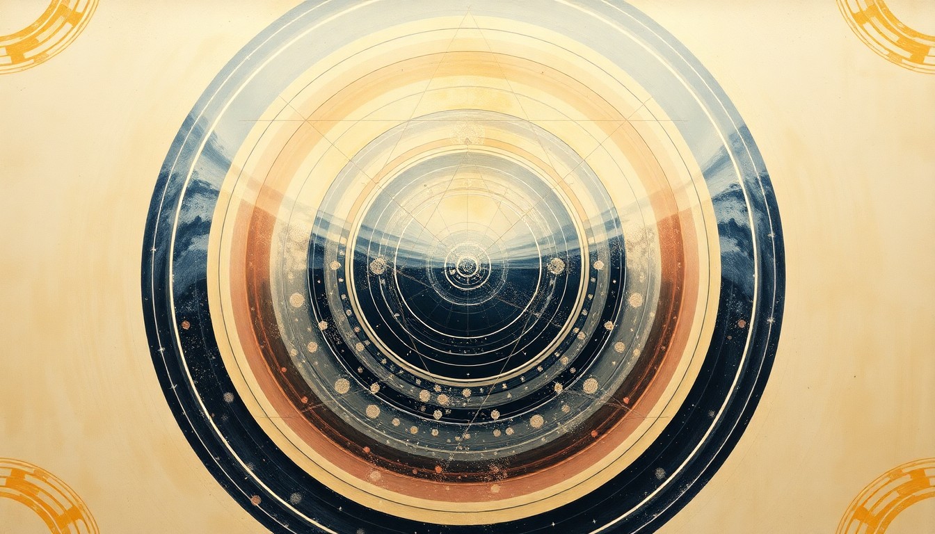 A bold, abstract painting in soft blues, greens, and golds depicting sweeping celestial arcs, concentric circles, and precise spirals, representing the cosmic forces and spiritual resonance of the Artemis II mission to the moon.