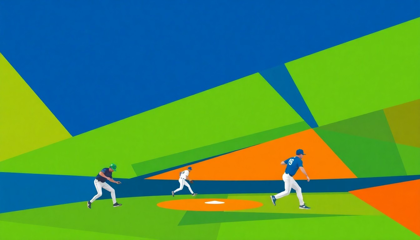 A fractured, multi-perspective painting in the style of Pablo Picasso, breaking down a college baseball doubleheader into sharp, overlapping geometric planes of vivid blue, green, and orange, capturing the dynamic movements and energy of the players on the field.