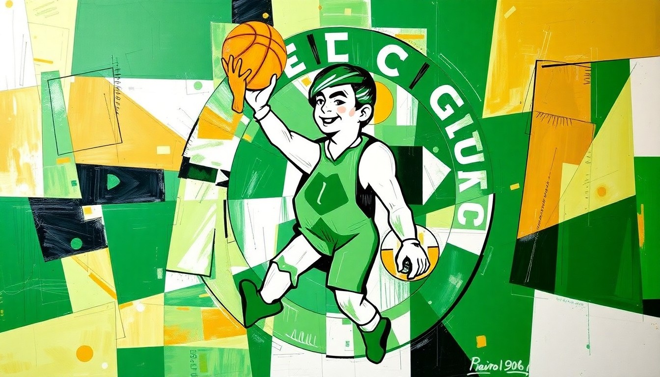 A cubist, geometric painting depicting a Celtics basketball player in motion, with sharp, overlapping planes of green, white, and gold colors.