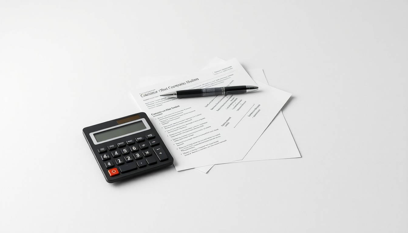 A high-end, photorealistic studio still-life photograph featuring a stack of financial documents, a pen, and a calculator arranged elegantly on a clean, monochromatic background, conceptually representing the complex corporate strategy and finance at the center of the Apollo Global Management lawsuit.