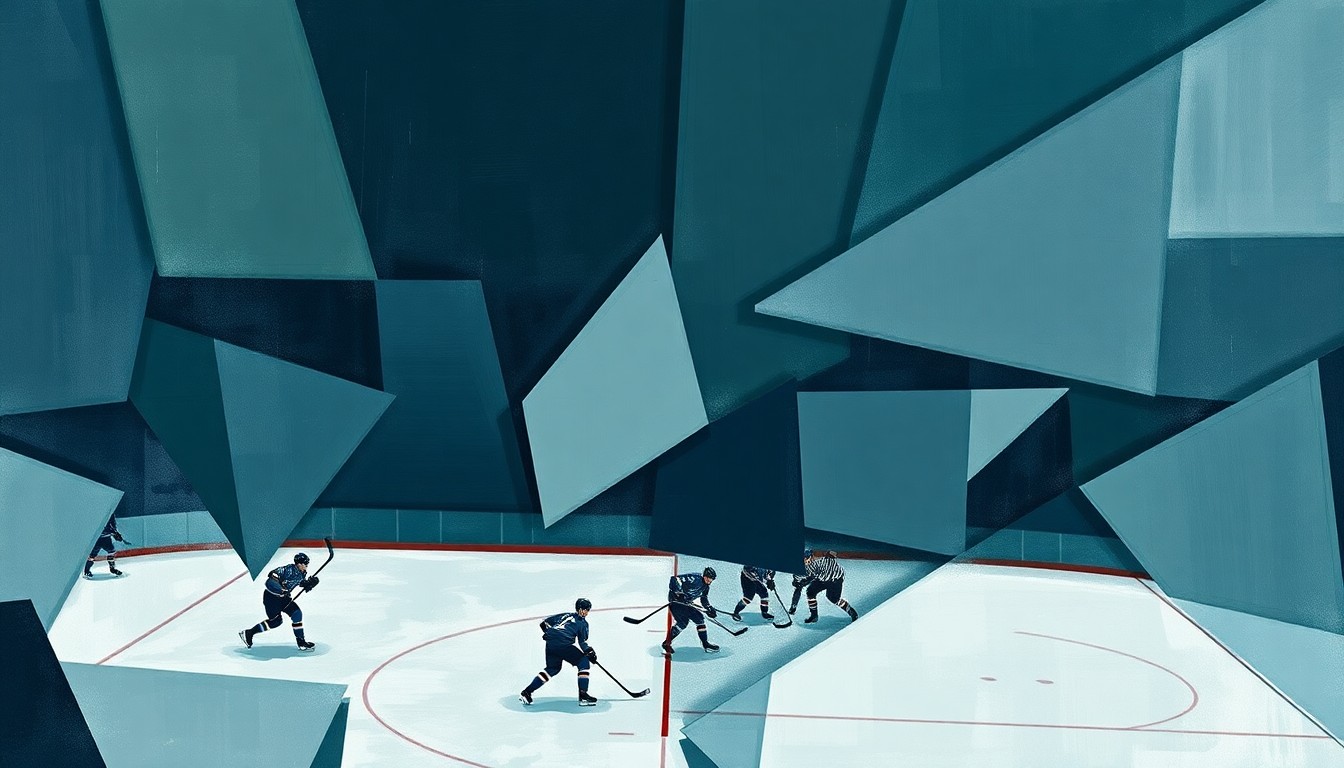 A fractured, geometric painting depicting a hockey game or match, with sharp planes of color and overlapping perspectives representing the Islanders' tumultuous end to the season.