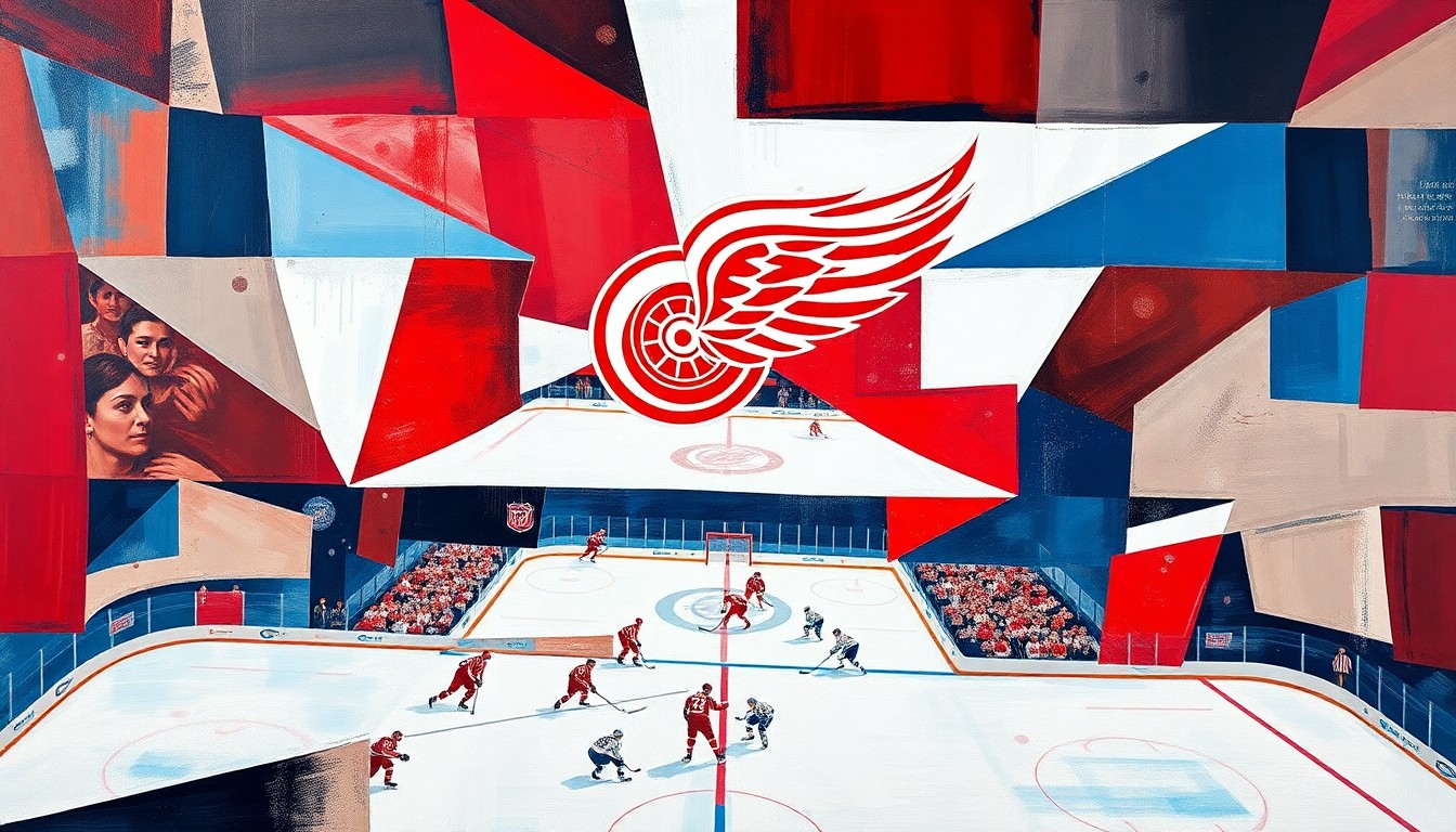 A cubist, geometric painting depicting a fragmented hockey game, with sharp, overlapping planes of red, white, and blue representing the Red Wings' disjointed performance down the stretch.