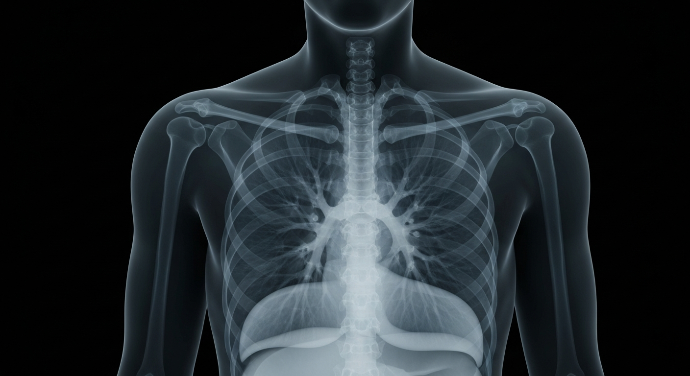 A ghostly, translucent X-ray image revealing the internal structure of Dick Vitale's upper body, with his lungs and liver cavity glowing faintly, symbolizing his ongoing fight against melanoma cancer.