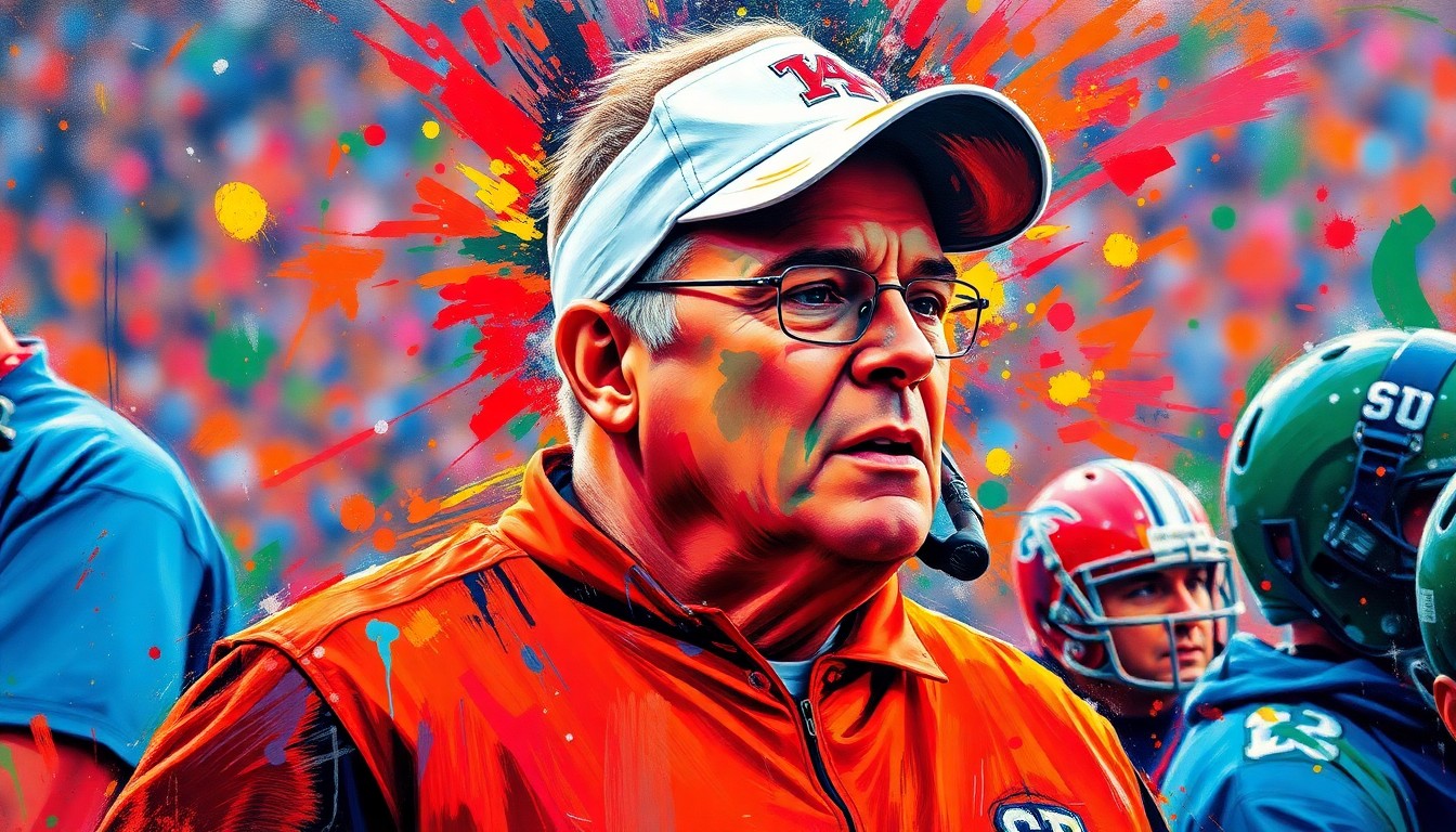An abstract expressionist painting in vibrant neon colors, featuring rapid brushstrokes that capture the raw energy and passion of a football coach on the sideline, with the coach's face and details dissolving into unrecognizable splatters of paint.