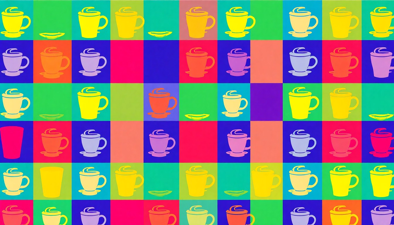A vibrant, high-contrast silkscreen print featuring a repeated pattern of a stylized coffee cup icon in neon pink, yellow, and blue hues, conceptually representing the retail management training program for Cortaditos Coffee employees.
