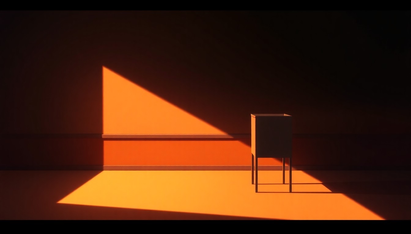 A warm, cinematic painting depicting a solitary ballot box or voting booth in a dimly lit urban setting, with soft diagonal sunlight casting deep shadows across the scene, conveying a sense of the high-stakes political climate surrounding the Knox County mayoral race.