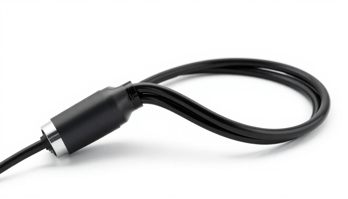 A photorealistic studio still-life photograph of a sleek, angular electric vehicle charging cable coiled on a solid white background, reflecting dramatic studio lighting to symbolize the financial challenges facing the electric vehicle industry.