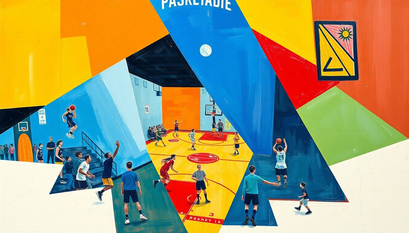 A cubist-style painting featuring overlapping geometric shapes and planes in shades of blue, red, and yellow, capturing the dynamic movement and energy of a high school basketball game.