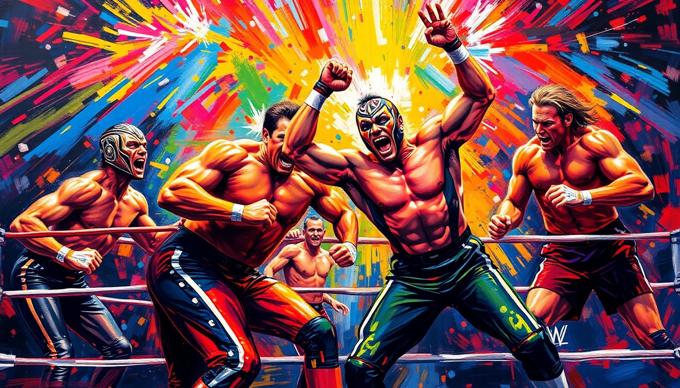An abstract, energetic painting featuring bold, neon-colored brushstrokes that capture the dynamic movements and intensity of professional wrestling.
