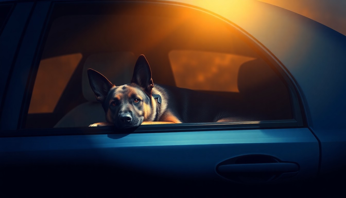 A serene oil painting depicting a police K-9 resting in the backseat of a patrol car, the warm light and deep shadows creating a contemplative, cinematic mood that captures the bond between the dog and its officer.