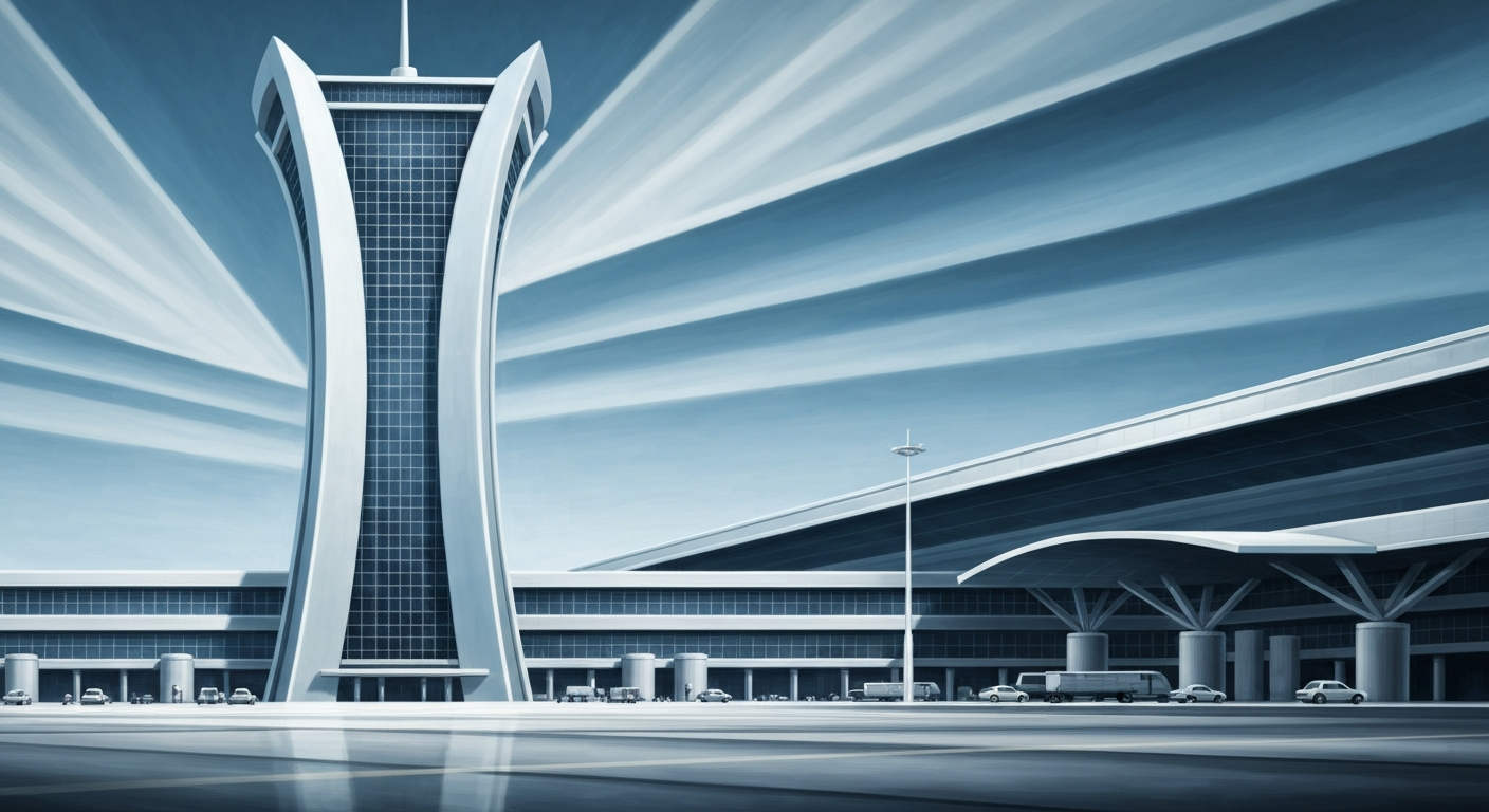 A highly stylized, geometric illustration depicting the grand, sweeping architecture of an airport terminal in shades of blue, grey, and silver, conveying the scale and efficiency of travel.