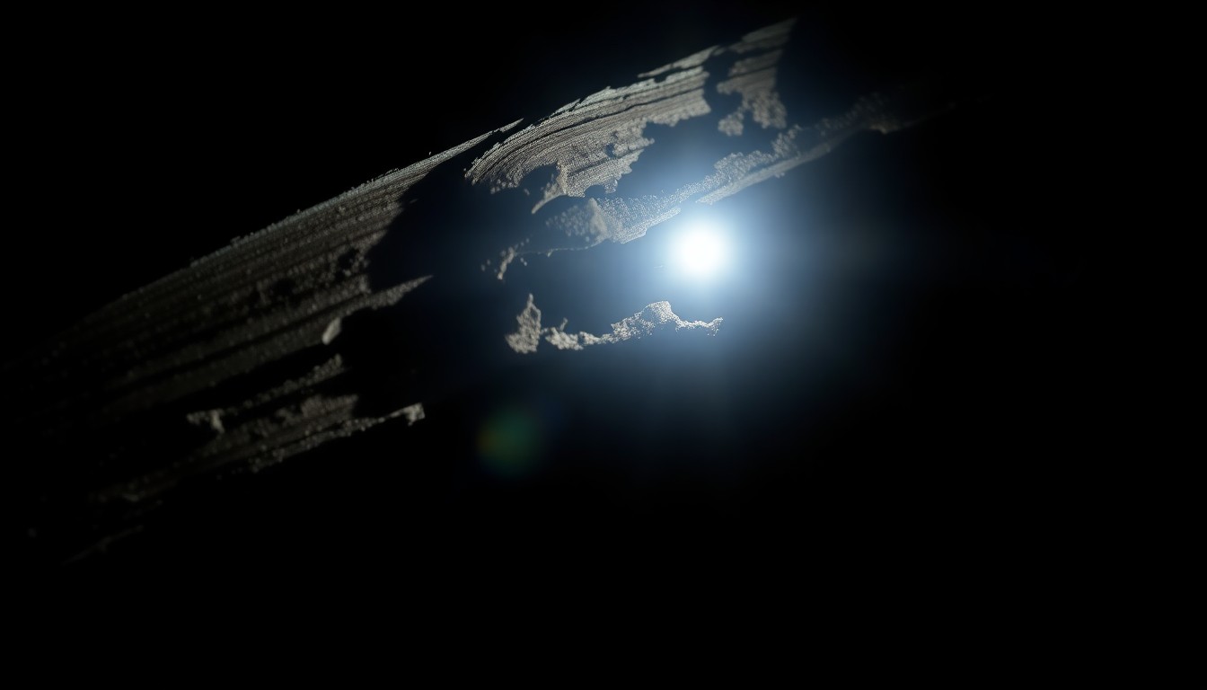An extreme close-up photograph of a twisted, splintered wooden beam from the collapsed barn roof, lit by a harsh, direct camera flash against a pitch-black background, conveying the stark, gritty aftermath of the workplace accident.