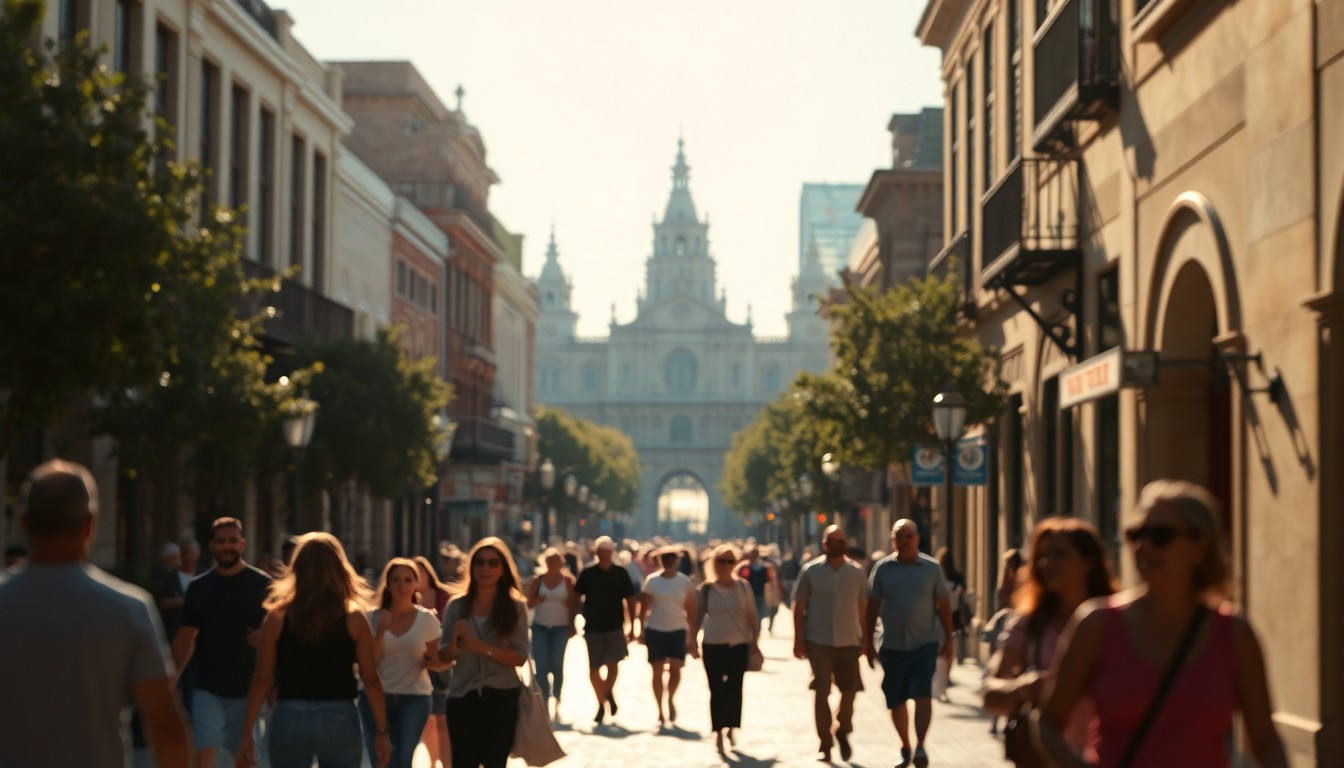 An out-of-focus, impressionistic scene of people walking along a sun-dappled street in downtown San Antonio, with the iconic architecture of La Villita and Hemisfair visible in the background, conveying a sense of warmth, community, and celebration.