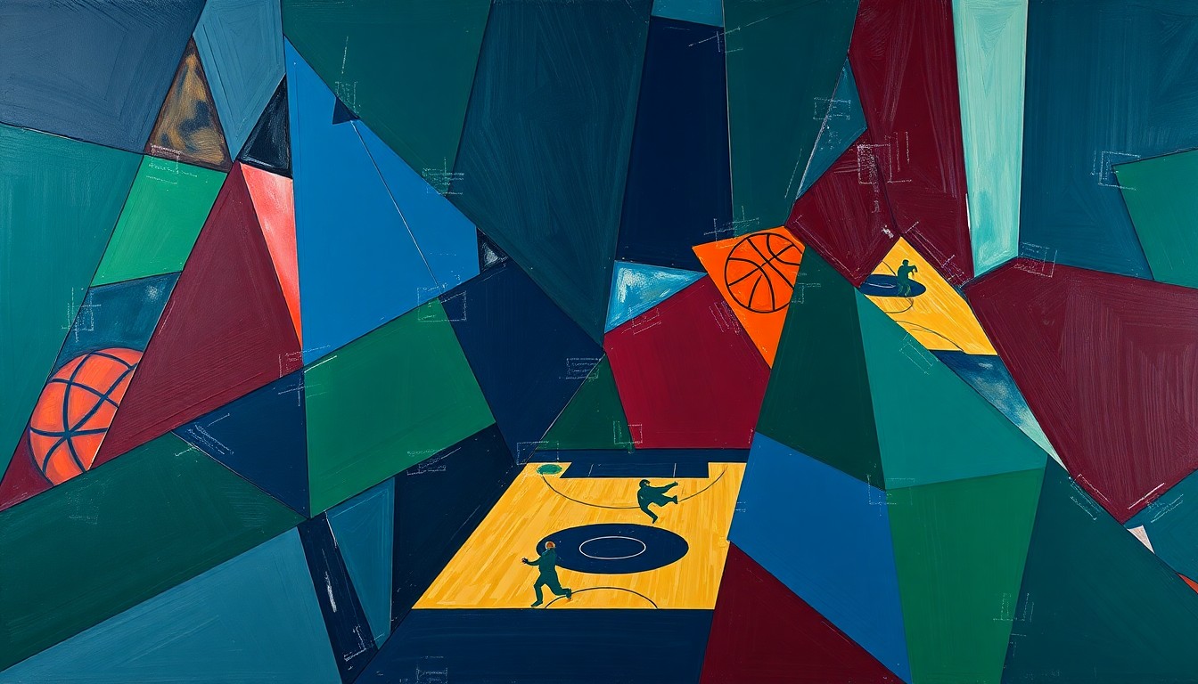 A cubist-style painting depicting a basketball game broken down into sharp, overlapping geometric shapes in navy, green, and burgundy, conveying the uncertainty surrounding the Wizards' future with their star player.