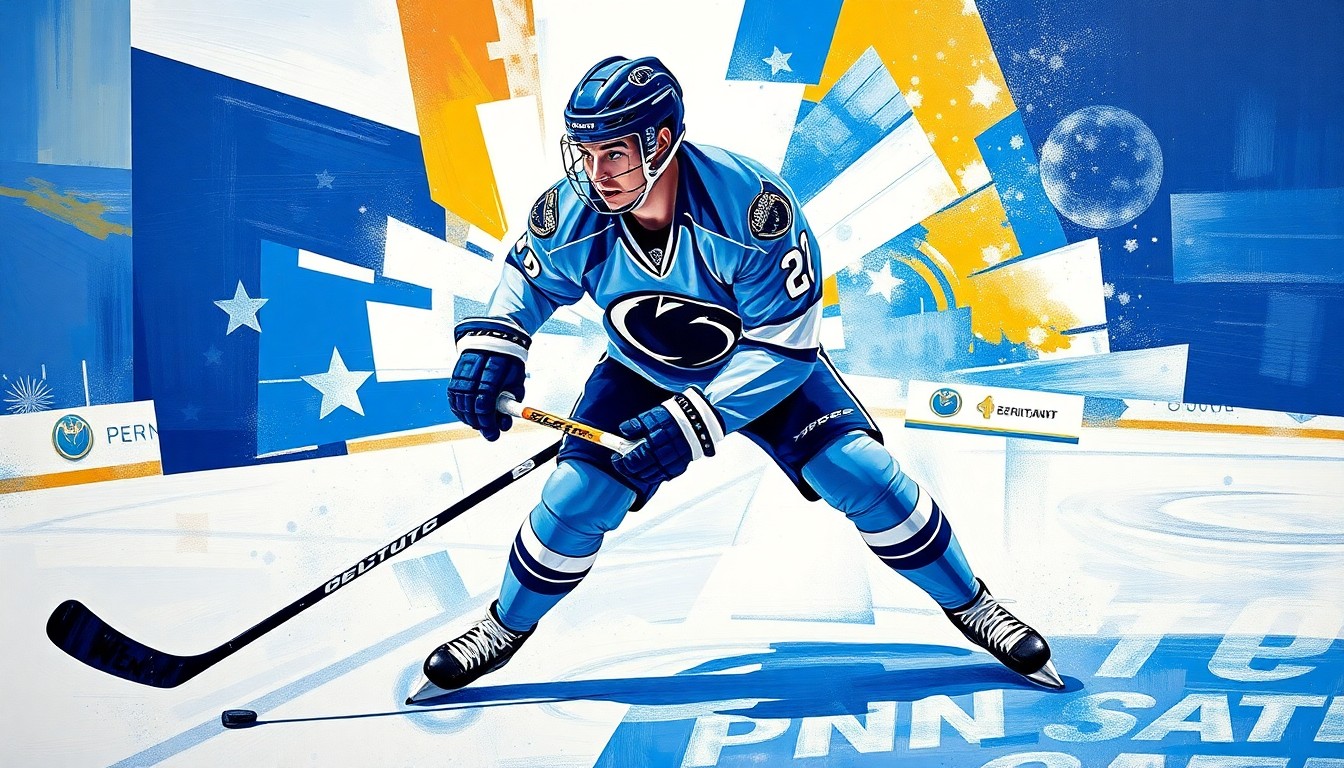 A cubist, geometric painting depicting a hockey defenseman in action, with sharp, overlapping planes of blue and white representing the Penn State colors.