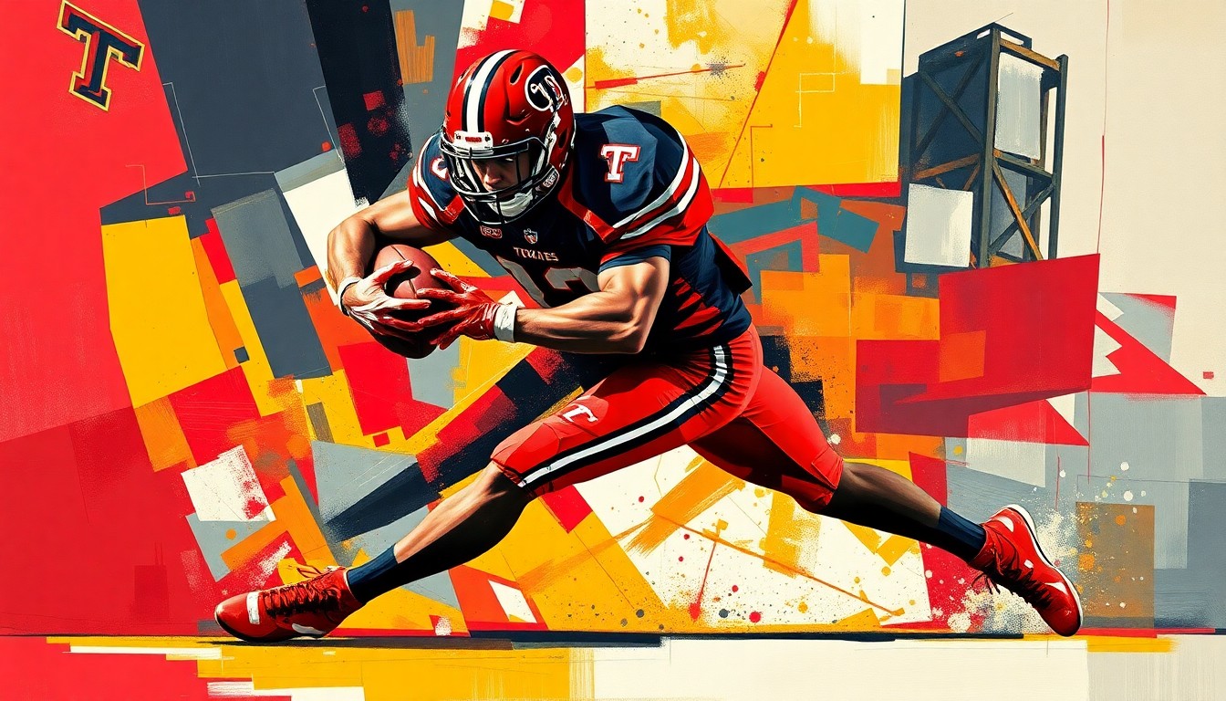 A cubist, geometric painting depicting a football player in motion, with sharp planes of red, black, and gold representing the Texas Tech colors and the dynamic energy of the sport.