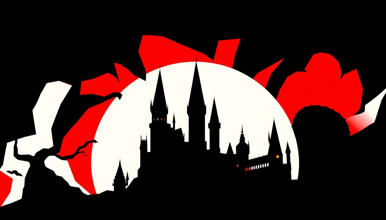 A striking abstract composition of jagged geometric shapes and bold silhouettes in high-contrast red and white, conceptually representing the magical world of Harry Potter without any text or literal imagery.