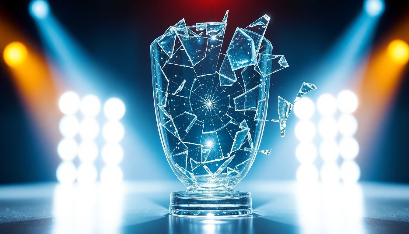 An extreme close-up photograph of shattered glass reflecting a bright spotlight, conceptually representing the prestige and glamour of game show success.