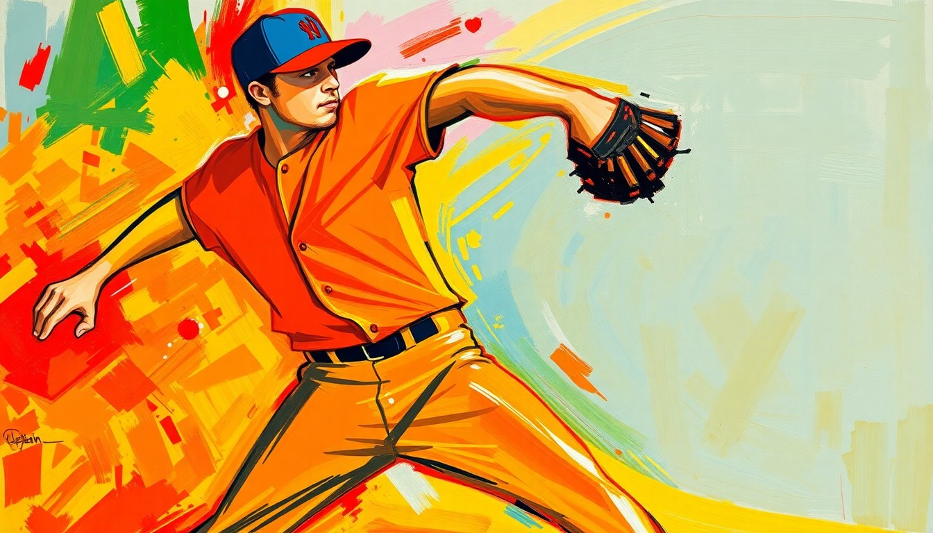 An abstract, expressionist painting in vibrant neon colors captures the kinetic energy and explosive motion of a baseball pitcher's delivery, with the pitcher's form dissolving into abstracted, unrecognizable shapes.