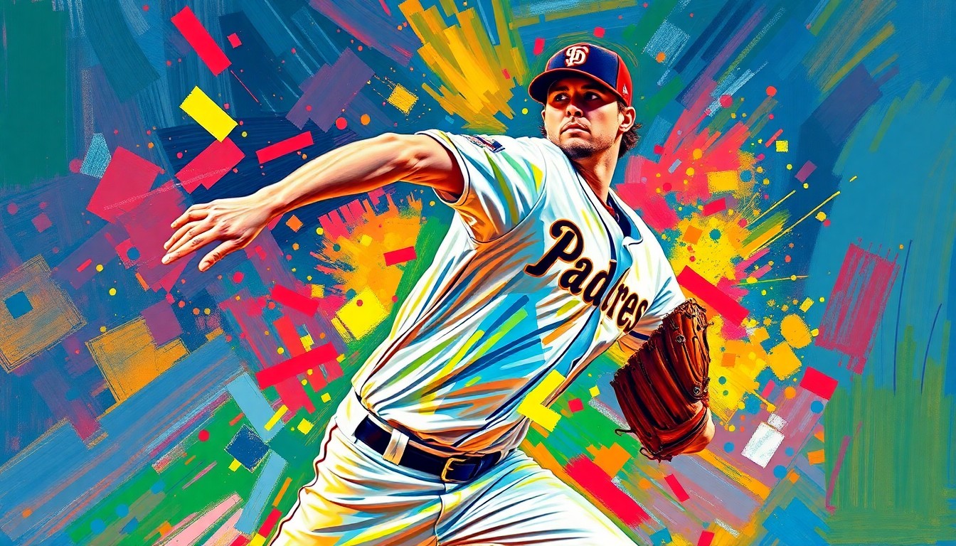 An abstract, energetic painting in neon colors depicting the explosive pitching motion of a baseball player, representing the dominant performance of Padres closer Mason Miller.