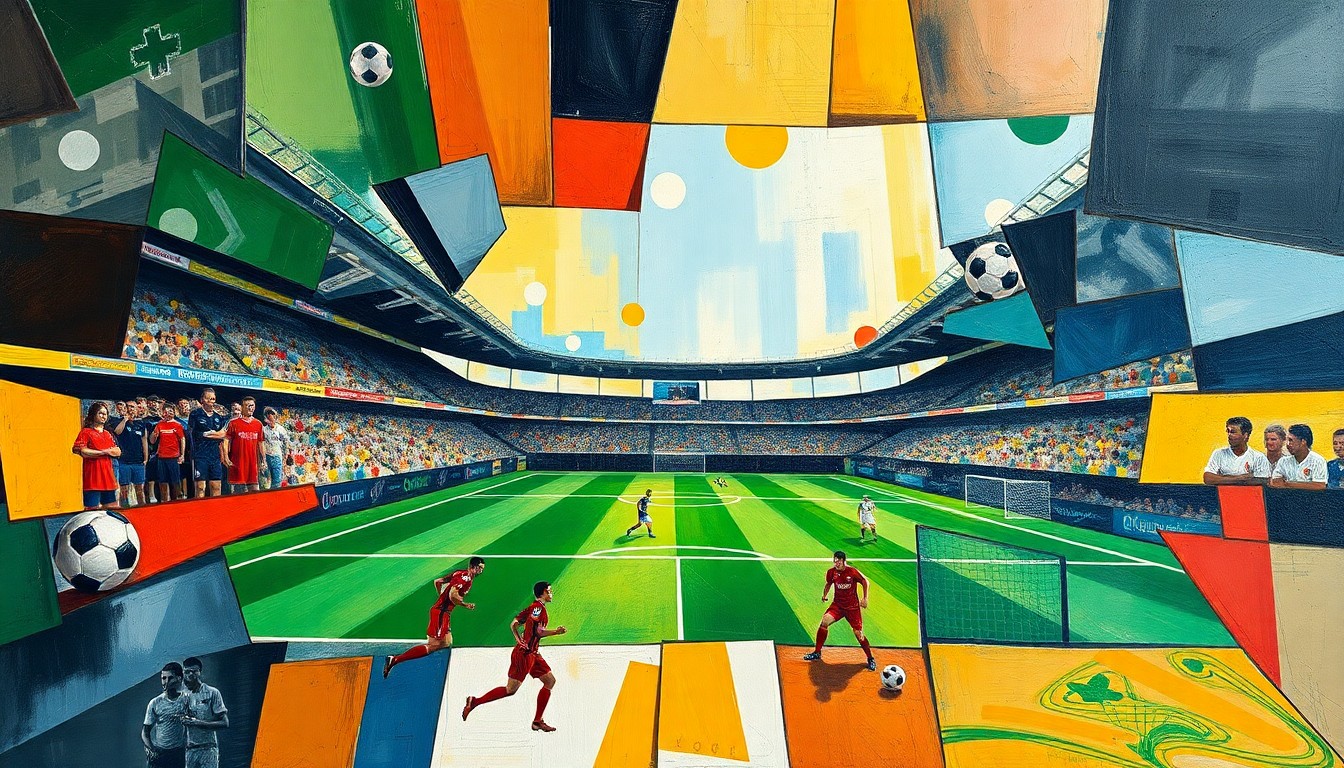 A cubist, geometric painting depicting a fragmented soccer match, with overlapping planes of color and form representing the complex challenges of addressing homelessness during a major sporting event.