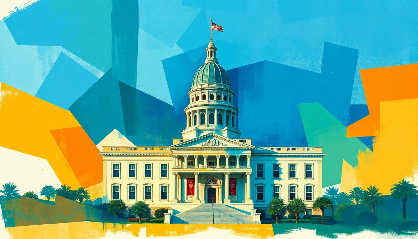 A dynamic, abstract painting featuring overlapping geometric shapes and waves of bright blue, green, and orange colors, conceptually representing the political tensions and fragmentation surrounding diversity laws in Tallahassee, Florida.