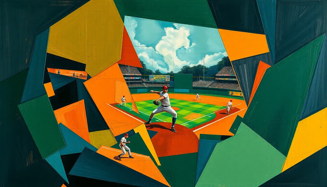 A cubist, geometric painting depicting the motion of a baseball pitcher, with sharp, overlapping planes of color representing the various angles and perspectives of the pitching motion.