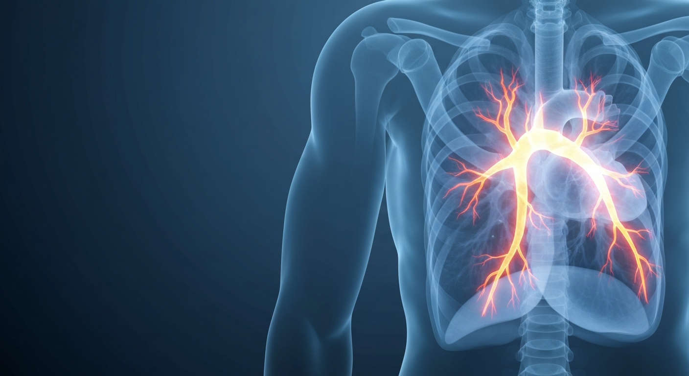 A ghostly, translucent X-ray-style image showing the human heart and lungs, with the pulmonary arteries glowing brightly to represent the effects of a pulmonary embolism. The image conveys the serious clinical nature of the condition while hinting at the advanced medical technology used to treat it.