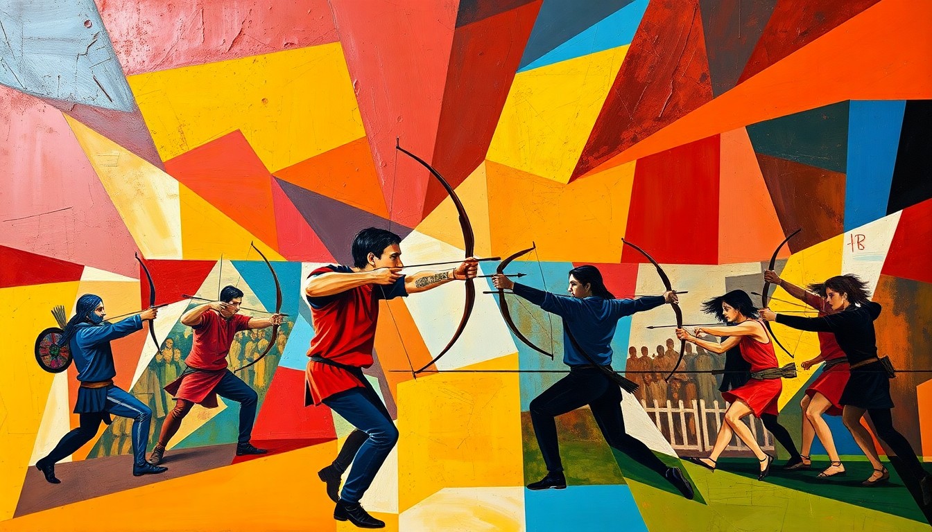 A cubist, geometric painting depicting an archery competition, with the athletes and targets broken down into overlapping planes of color in shades of red, yellow, and blue, conveying the dynamic energy and multiple perspectives of the sport.