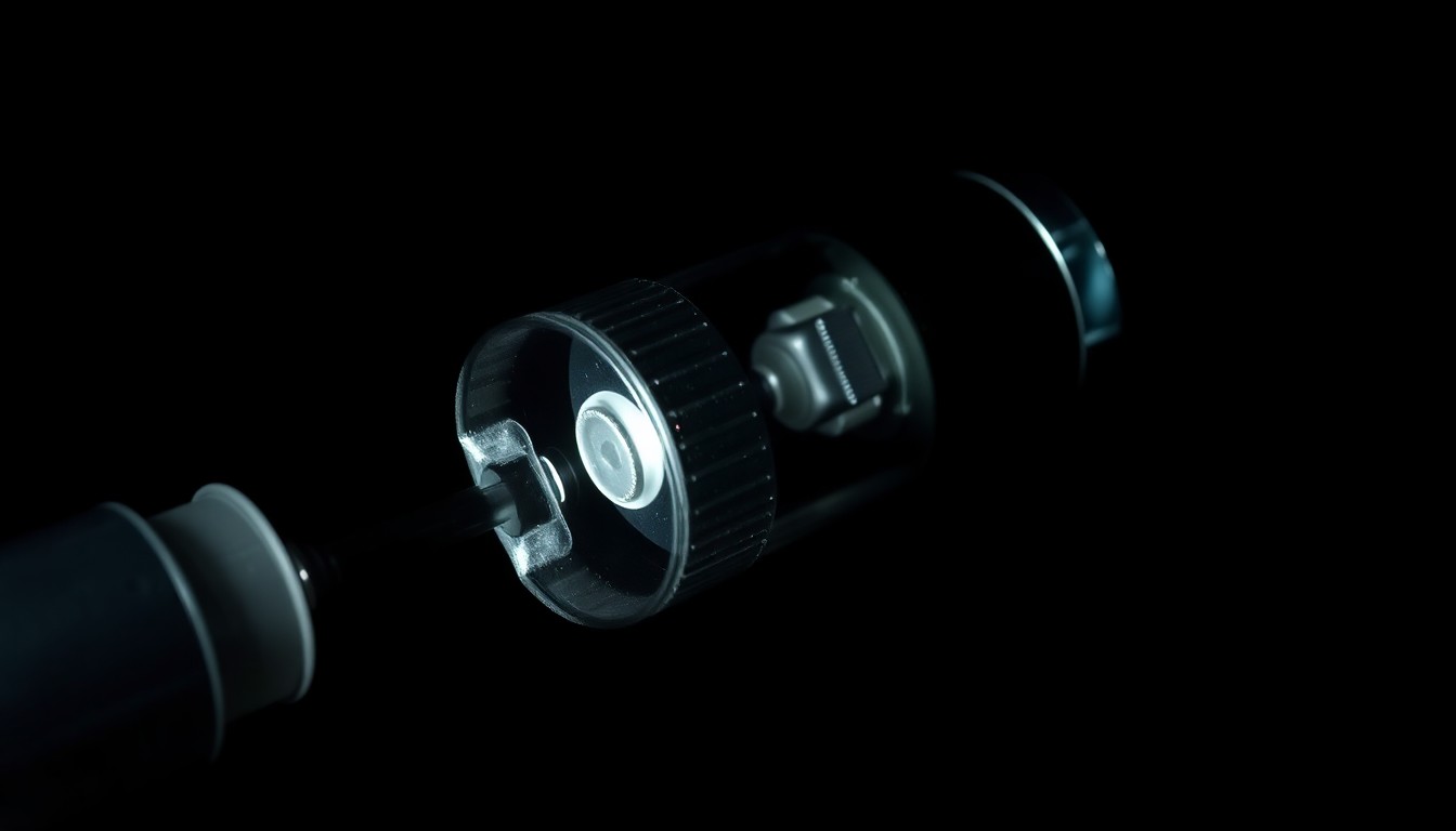 An extreme close-up photograph of a medical device or piece of evidence related to the Cunningham case, lit by a harsh, direct camera flash against a pitch-black background, creating a stark, gritty, investigative aesthetic.