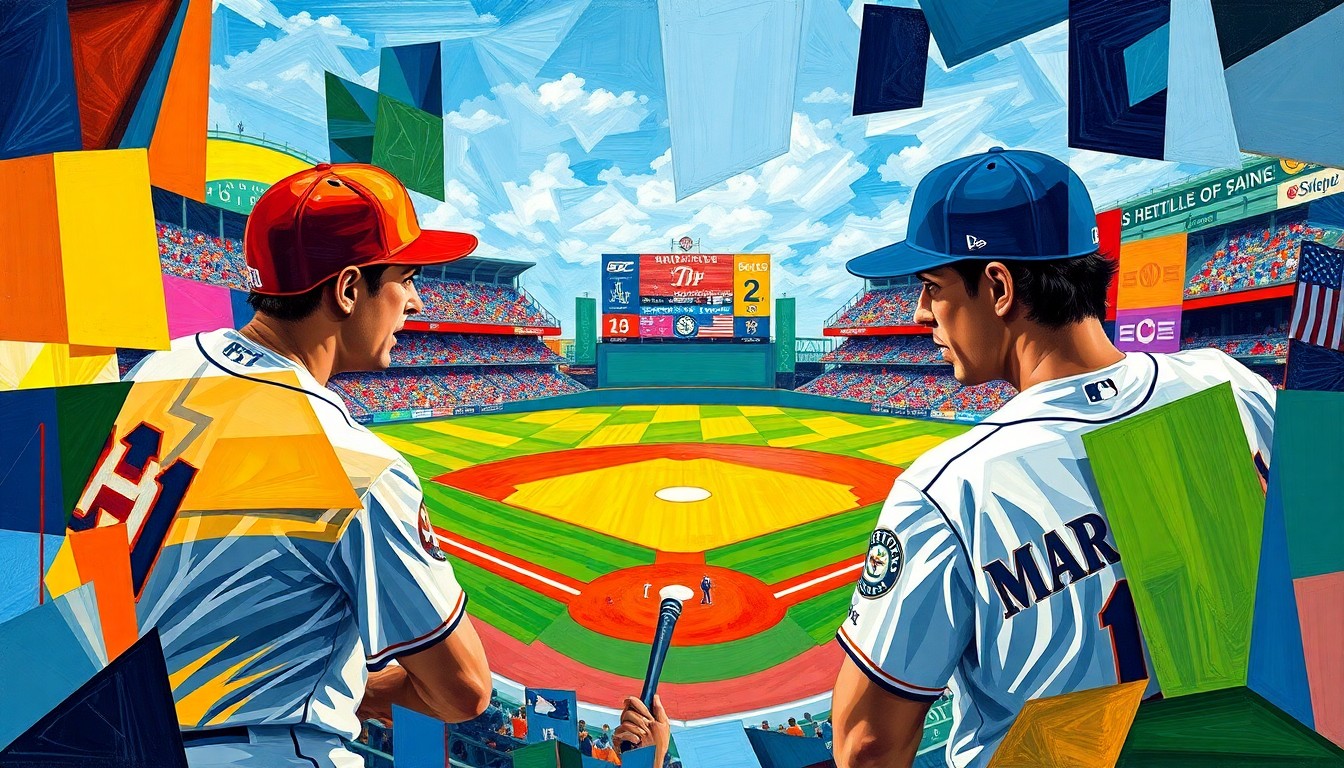 A fractured, geometric painting depicting a baseball game, with the players and field broken down into sharp, overlapping planes of color representing the Houston Astros and Seattle Mariners uniforms.